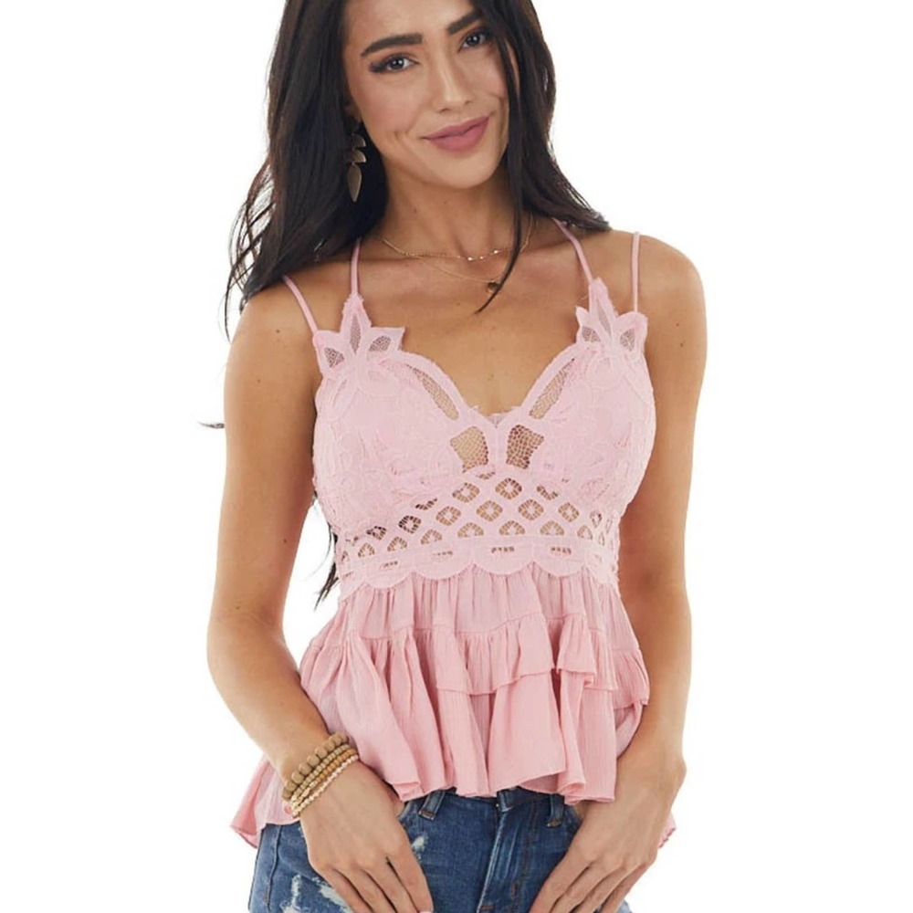 Entro NWT carnation pink peplum lace criss cross shirt top M
